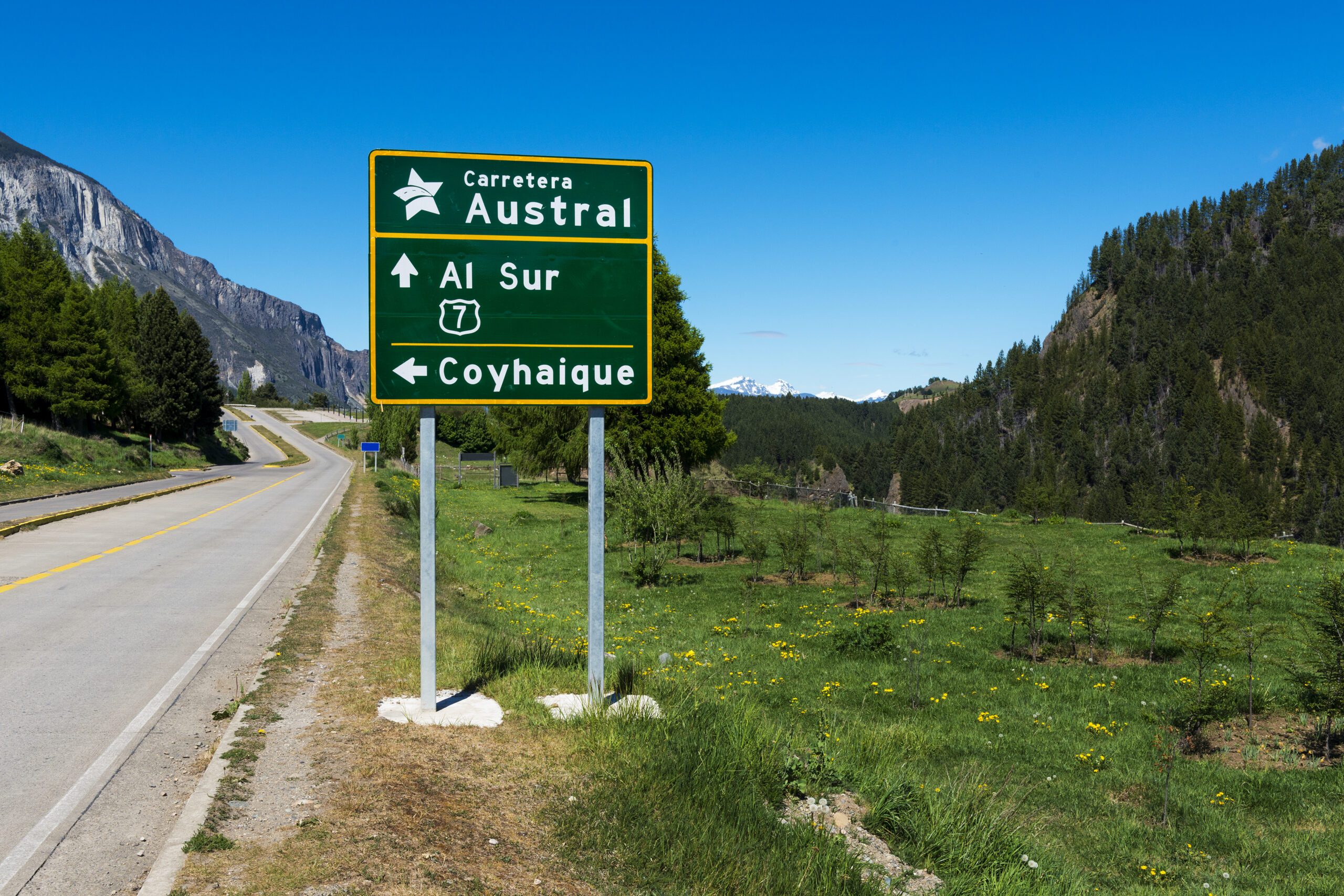 Road Sign in the Carretera Austral near the town of Coyhaique in Chile, South America